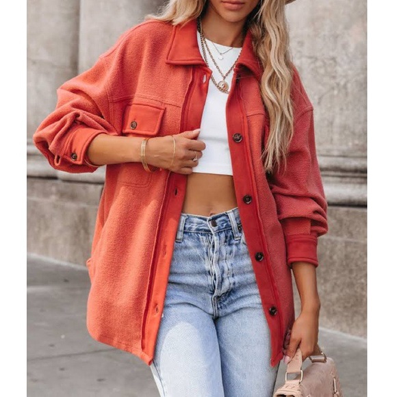 BiBi Jackets & Blazers - BiBi Cozy Oversized Orange Rust Fleece Pocketed Button Down Shacket M